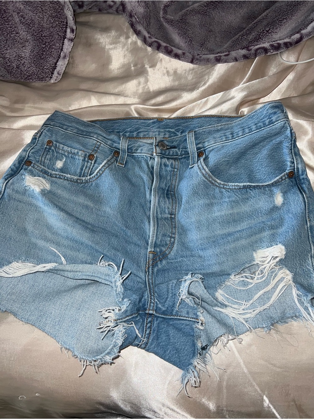 Levi's 501 Light Blue Distressed Denim Cutoff Shorts